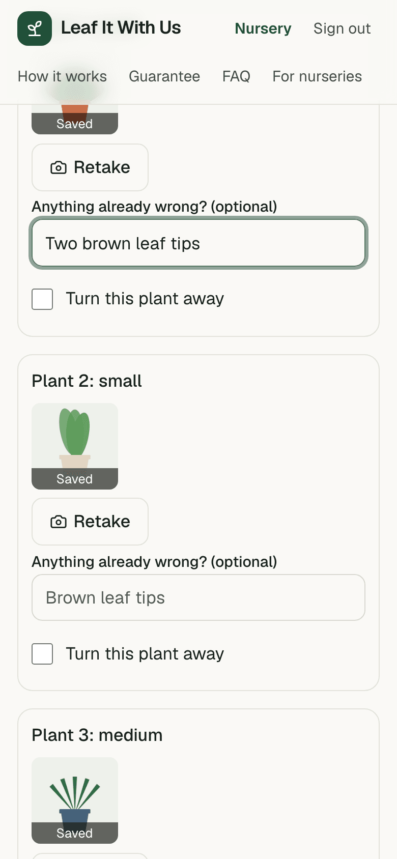 Checking in a booking, with a photo saved for each plant and a note about brown leaf tips