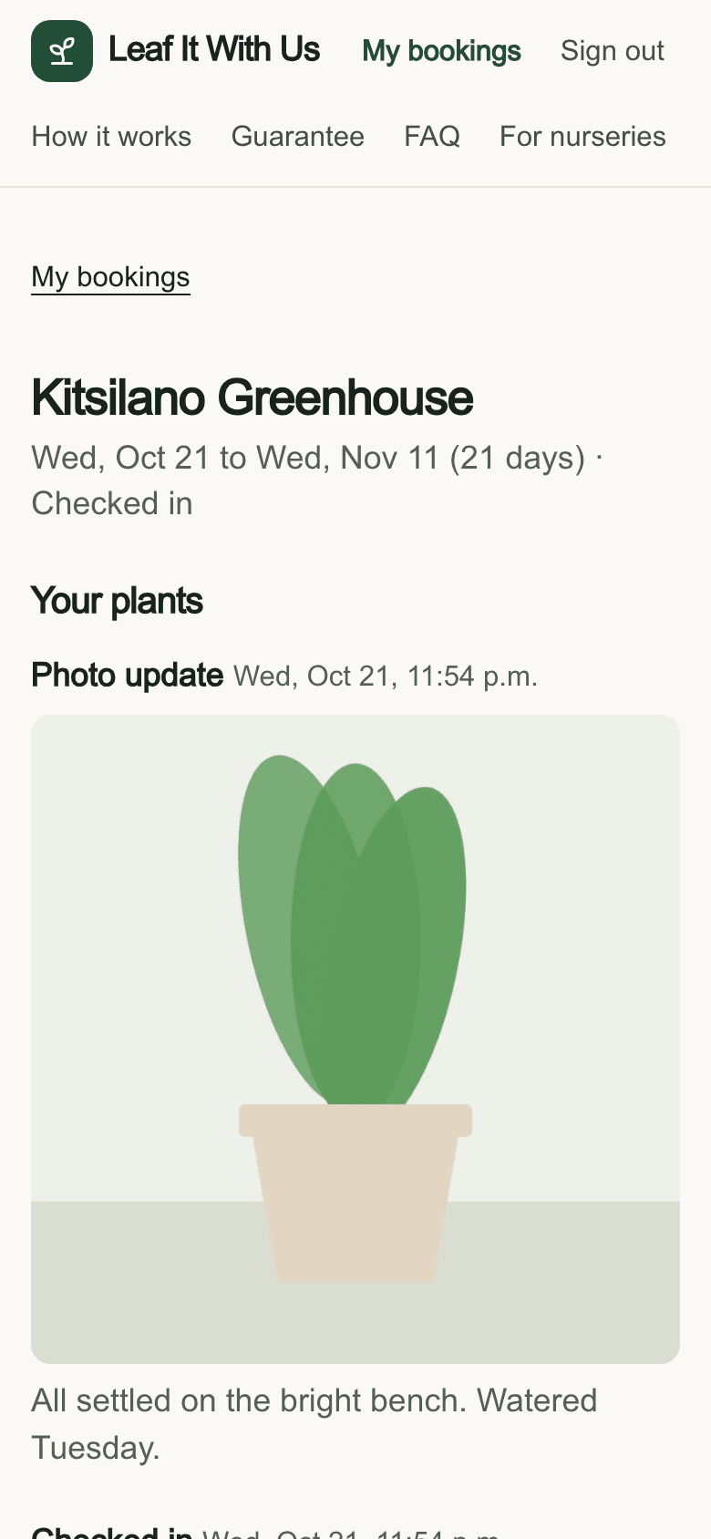 The owner's booking page showing a photo update from the nursery