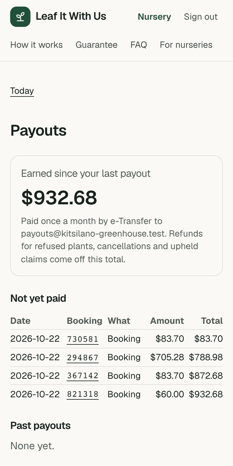 The nursery's Payouts page showing the amount earned and a list of bookings