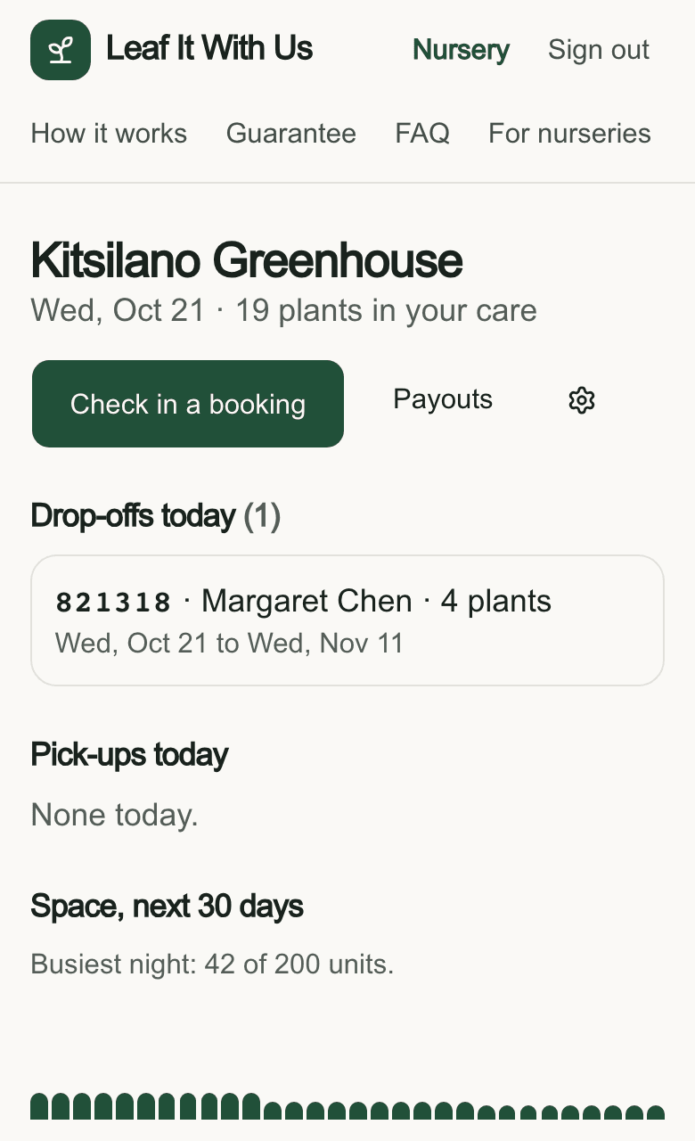The nursery's Today screen listing one drop-off and the space used over the next 30 days